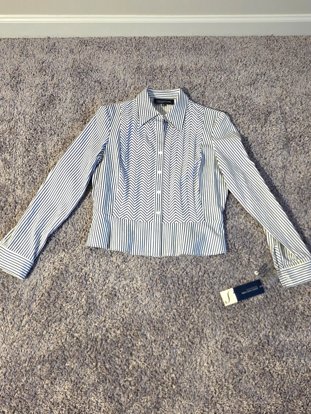 Jones New York Signature Petite Black White Striped Long Sleeve Button Shirt Wom